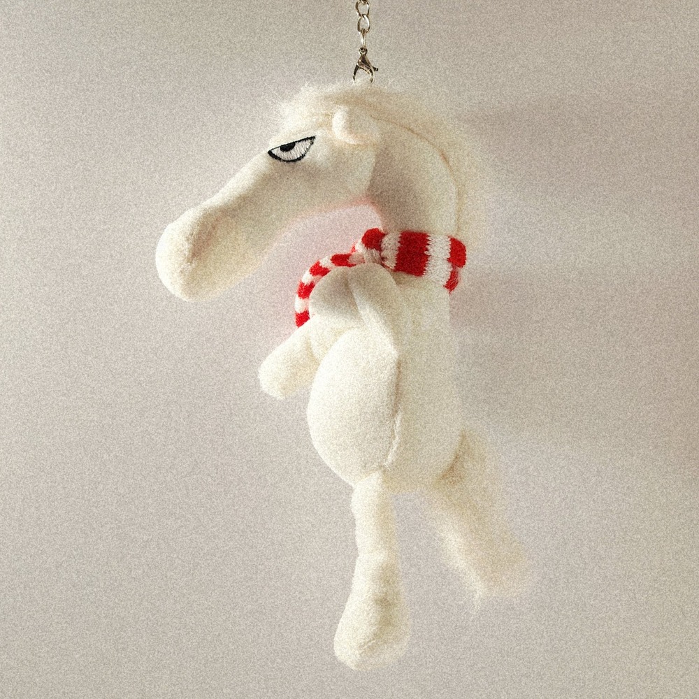 Grumpy White Horse Plush Keychain with Red Striped Scarf 5 Inch Bag Charm